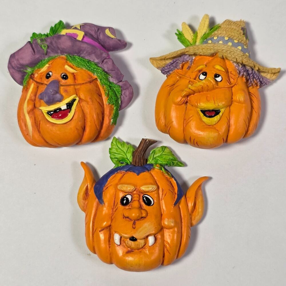Vintage 1997 Shining Bright Halloween Pumpkin Magnets Witch Scarecrow Lot 3